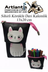Körüklü Kalemlik Kedi 1 Adet Siyah Renk Sihirli Körüklü Deri Kalemlik Kalem Çantası Sevimli Kedi Kalem Kutusu - 1