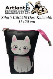 Körüklü Kalemlik Kedi 1 Adet Siyah Renk Sihirli Körüklü Deri Kalemlik Kalem Çantası Sevimli Kedi Kalem Kutusu - 2