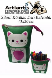 Körüklü Kalemlik Kedi 1 Adet Yeşil Renk Sihirli Körüklü Deri Kalemlik Kalem Çantası Sevimli Kedi Kalem Kutusu - 1