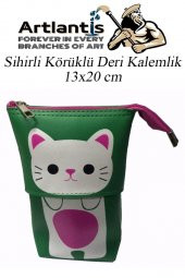 Körüklü Kalemlik Kedi 1 Adet Yeşil Renk Sihirli Körüklü Deri Kalemlik Kalem Çantası Sevimli Kedi Kalem Kutusu - 2