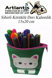 Körüklü Kalemlik Kedi 1 Adet Yeşil Renk Sihirli Körüklü Deri Kalemlik Kalem Çantası Sevimli Kedi Kalem Kutusu - 3