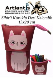 Körüklü Kalemlik Kedi 1 Adet Kırmızı Renk Sihirli Körüklü Deri Kalemlik Kalem Çantası Sevimli Kedi Kalem Kutusu - 1