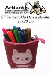 Körüklü Kalemlik Kedi 1 Adet Kırmızı Renk Sihirli Körüklü Deri Kalemlik Kalem Çantası Sevimli Kedi Kalem Kutusu - 3