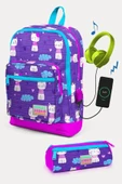 Coral High Kids Mor Pembe Kedi Desenli USB'li 2'li Okul Çanta Seti - Kız Çocuk - 1