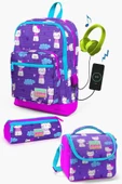 Coral High Kids Mor Pembe Kedi Desenli USB'li 3'lü Okul Çanta Seti - Kız Çocuk thumbnail 1