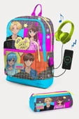 Coral High Kids Gri Mavi Pembe Anime Desenli USB'li 2'li Okul Çanta Seti - Kız Çocuk - 1