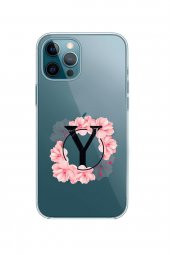 Iphone 12 Pro Max Pembe Çiçek Desen Y Harfli Premium Şeffaf Telefon Kılıfı - 1