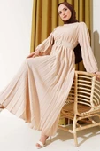 Piliseli Kemerli Ayrobin Elbise Bej thumbnail 1