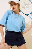 Yırtmaçlı Duble Kol T-shirt Mavi - 1