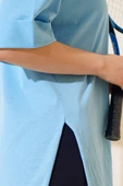 Yırtmaçlı Duble Kol T-shirt Mavi - 4