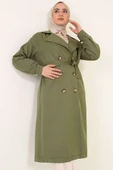 Üç Düğmeli Kruvaze Yaka Haki Trençkot - 2