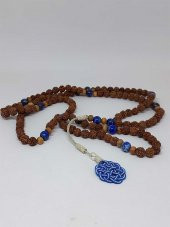 Rudraksha Tohumlu Lapis Taşlı 108lik El Yapımı Bakır Kazazlı Mala Kolye - 2