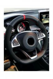 Renault Megane 3 Uyumlu Kırmızı Yüzüklü Karbon Alkantra Dikmeli Dikmeli Direksiyon Kılıfı thumbnail 1