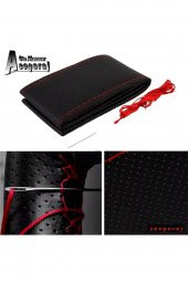 Peugeot 207 Uyumlu Dikmeli Direksiyon Kılıfı Noktalı Siyah Deri-kırmızı İpli ( 38cm×10cm ) thumbnail 1