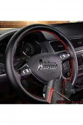 Peugeot 207 Uyumlu Dikmeli Direksiyon Kılıfı Noktalı Siyah Deri-kırmızı İpli ( 38cm×10cm ) thumbnail 2