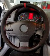 Universal Oto Kırmızı Yüzüklü Alcantara Karbon Oto Dikmeli Direksiyon Kılıfı Nubuk Karbon - 3