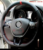 Universal Oto Kırmızı Yüzüklü Alcantara Karbon Oto Dikmeli Direksiyon Kılıfı Nubuk Karbon - 1