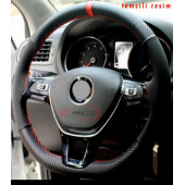 Fiat Palio Uyumlu Dikmeli Direksiyon Kılıfı Alkantara Karbon Kırmızı İpli - 2