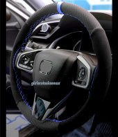 Honda Cıvıc Uyumlu Alkantara Karbon Dikmeli Deri Direksiyon Kılıfı Mavi Yüzüklü thumbnail 1