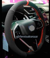 Honda Cıvıc Uyumlu Alkantara Karbon Dikmeli Deri Direksiyon Kılıfı Kırmızı Yüzüklü thumbnail 1
