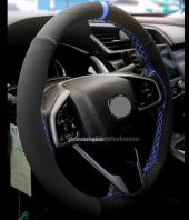 Honda Cıvıc Uyumlu Alkantara Karbon Dikmeli Deri Direksiyon Kılıfı Mavi Yüzüklü thumbnail 2