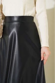 Beli Lastikli Kloş Deri Etek Siyah - 4