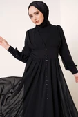 Düğme Süslemeli Şifon Elbise Siyah thumbnail 2