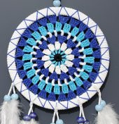 Nazar Boncuğu Desenli Bol Kuş Tüylü Beyaz Renk Dream Catcher El Yapımı Duvar Dekoru - 3