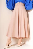 Kalın Kemerli Kloş Etek Bej thumbnail 1