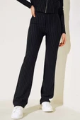 İnce Çizgili İspanyol Paça Pantolon Siyah thumbnail 2