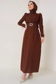 Kol Ucu Tüylü Kemerli Elbise Kahve thumbnail 1