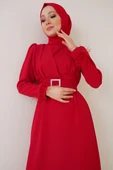 Kol Ucu Tüylü Kemerli Elbise Kırmızı thumbnail 2