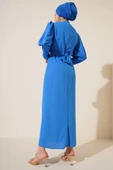 Kapalı Kruvaze Yakalı Elbise Mavi thumbnail 3