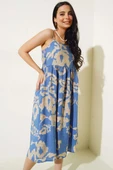 İp Askılı Desenli Elbise İndigo thumbnail 2
