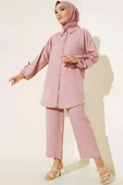 Düğmeli Keten İkili Takım Pudra thumbnail 1