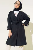 İki Düğmeli Bel Kuşaklı Trençkot Lacivert thumbnail 2