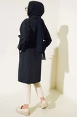 İki Düğmeli Bel Kuşaklı Trençkot Lacivert thumbnail 3