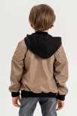 Kapüşonlu Cepli Fermuarlı Erkek Çocuk Deri Ceket - 5