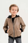 Kapüşonlu Cepli Fermuarlı Erkek Çocuk Deri Ceket - 4