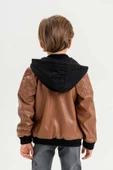 Kapüşonlu Cepli Fermuarlı Erkek Çocuk Deri Ceket - 9