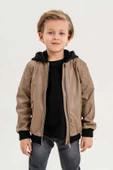 Kapüşonlu Cepli Fermuarlı Erkek Çocuk Deri Ceket - 1