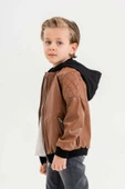 Kapüşonlu Cepli Fermuarlı Erkek Çocuk Deri Ceket - 7