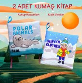 2 Kitapİngilizce Kutup Hayvanları ve Kışlık Giysiler Kumaş Sessiz Kitap E125 E124 - Bez Kitap - 2
