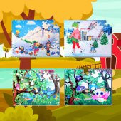 4 Set - 96 Parça  Kış ve Baykuş 5+ Keçe Yapboz - 5 Yaş Puzzle T014 T017 - 5