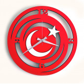 Dekoratif Kırmızı - Beyaz Ahşap Duvar Saati Ay Yıldız Bayrak - 1