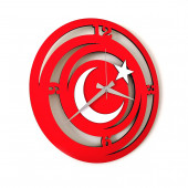 Dekoratif Kırmızı - Beyaz Ahşap Duvar Saati Ay Yıldız Bayrak - 2