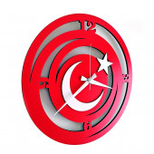 Dekoratif Kırmızı - Beyaz Ahşap Duvar Saati Ay Yıldız Bayrak - 4