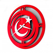Dekoratif Kırmızı - Beyaz Ahşap Duvar Saati Ay Yıldız Bayrak - 6