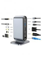 Type-C to Hdmi 4K30Hz, VGA 4xUSB3.0, RJ45 Ethernet, Kart Okuyucu, PD 100W, 3.5mm Ses Çevirici - 1
