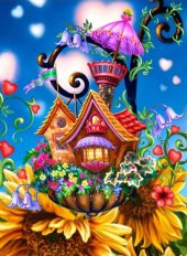 Movas Sanat Ay Çiçeği Üstündeki Ev | Elmas Mozaik Tablo | Mozaik Puzzle | 40x55 | E20203431 - 1